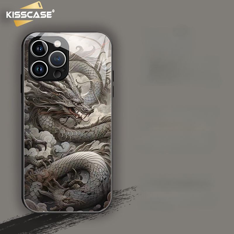 KISSCASE เคสโทรศัพท์แก้วเพ้นท์ลายมังกรตรุษจีนสีแดงเหมาะสำหรับ IPhone 15 14 13 11 Pro Max 15 Plus 14 Plus ฝาครอบแก้วสีเมทลิกลายมังกรจีนพร้อมด้วยบรรจุภัณฑ์โฟมป้องกันลายนิ้วมือกันกระแทกสำหรับ IPhone 15 Pro Max