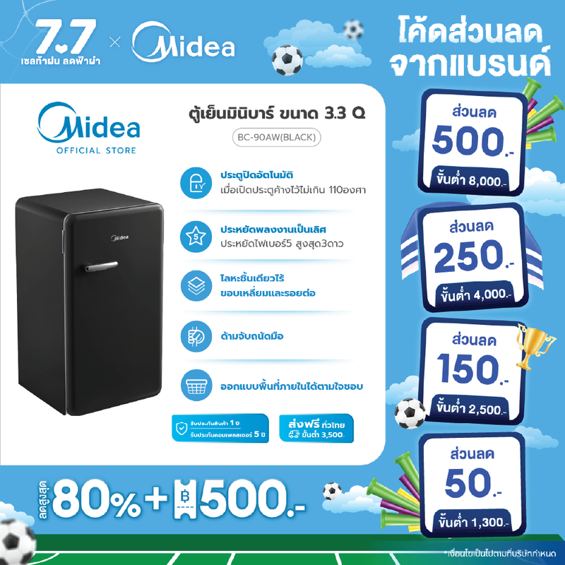 (ส่งฟรีทั่วไทย) Midea ตู้เย็นไมเดีย 1 ประตูขนาด 3.3Q (Retro Fridge) รุ่น BC-90AW(BLACK) *รับประกันสินค้า 1 ปี / คมเพรสเซอร์ 5 ปี