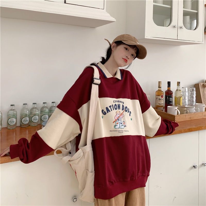 Cotton fall women's clothing lapel American style fried street sweater women's age-reducing stitching thin polo shirt lo