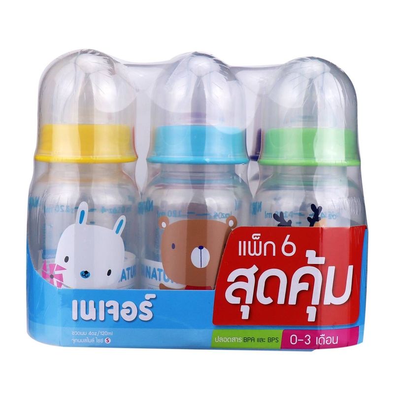 Natur เนเจอร์ ขวดนมทรงกลม พร้อมจุกนมสไมล์ ไซส์S อายุ0-3เดือน ขนาด4oz/120ml แพ็ค6ขวด