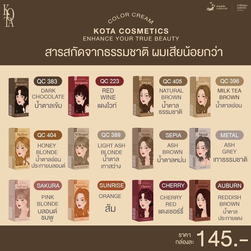 KOTA สีผม ซื้อ 1 แถม 1 แถม ทรีตเม้นต์ ทุกกล่อง สีย้อมผม Color Cream Hair Color ย้อมผม หอมโสมเกาหลี 100ml โคต้า โคทา