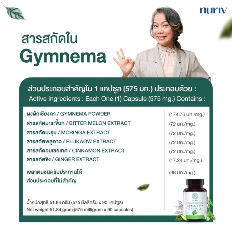 Nuriv Gymnema 90 แคปซูล สารสกัดจาก เชียงดา มะระขี้นก