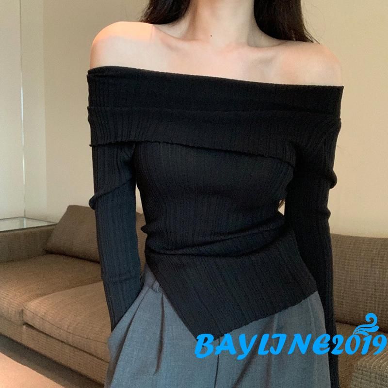 Bay-เสื้อเชิ้ตถัก แขนยาว เปิดไหล่ สีพื้น สําหรับผู้หญิง ไปคลับ สตรีทแวร์