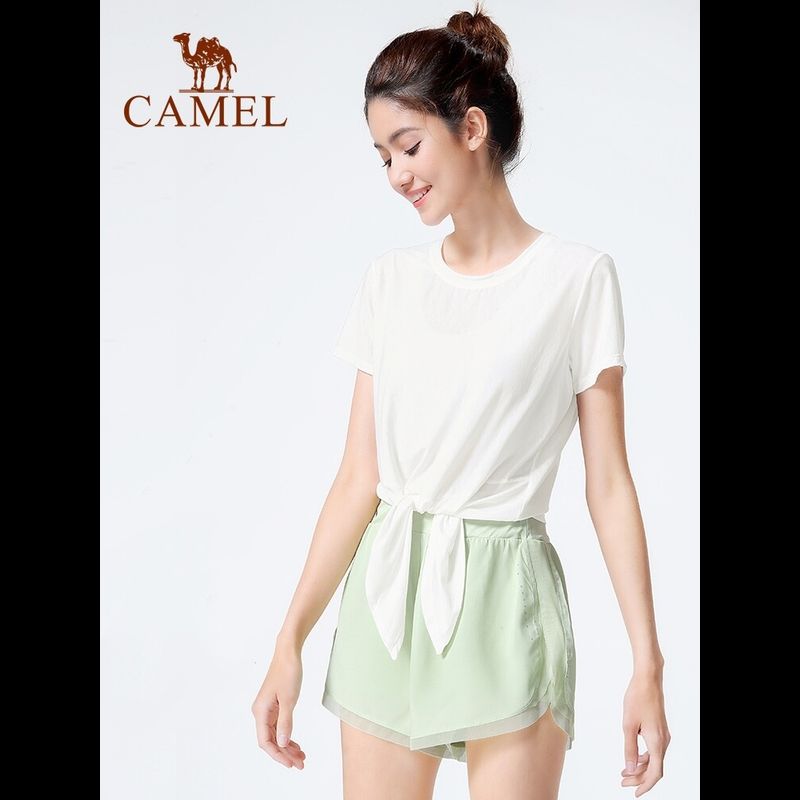 Camel เสื้อยืดโยคะออกกำลังกายผู้หญิงแบบหลวมๆแขนสั้นกีฬาบราไร้โครง