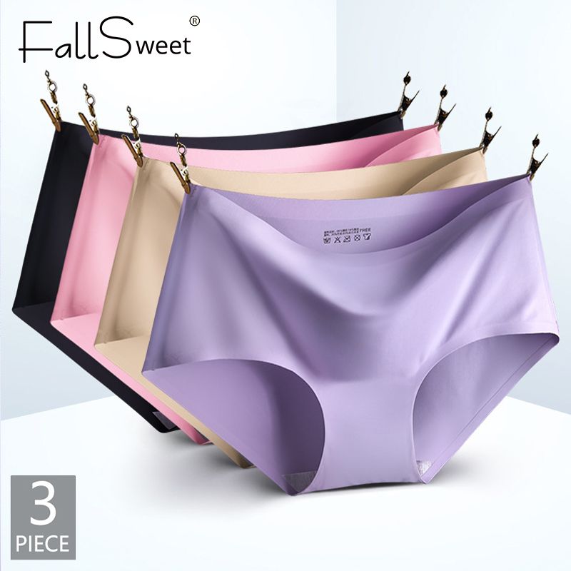 FallSweet 3Pcs/lot กางเกงในไร้ขอบ Seamless Panties for Women Mid Waist Ice Silk Underwear Solid Invisible Feminina Briefs Size M-XXL