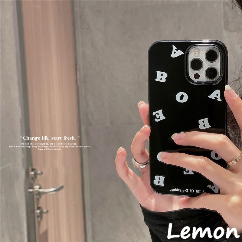 [Lemon] เคสโทรศัพท์มือถือ ซิลิโคนนุ่ม ลายตัวอักษร สีดําวาว เรียบง่าย สําหรับ Iphone 14 14pro 14plus 14promax 11 12 X XS XR XSMAX 11pro 12pro 11promax 12promax 13 13promax 7 8 7plus 8plus 8plus