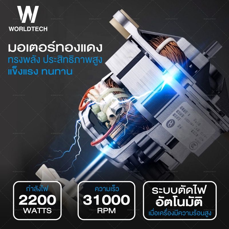 (ใช้โค้ดลดเพิ่ม) Worldtech เครื่องปั่นพลังสูง 2200W (Upgraded Version) รุ่น WT-PB2200 - WT2800 พลังแรงสูง พร้อมโถปั่น