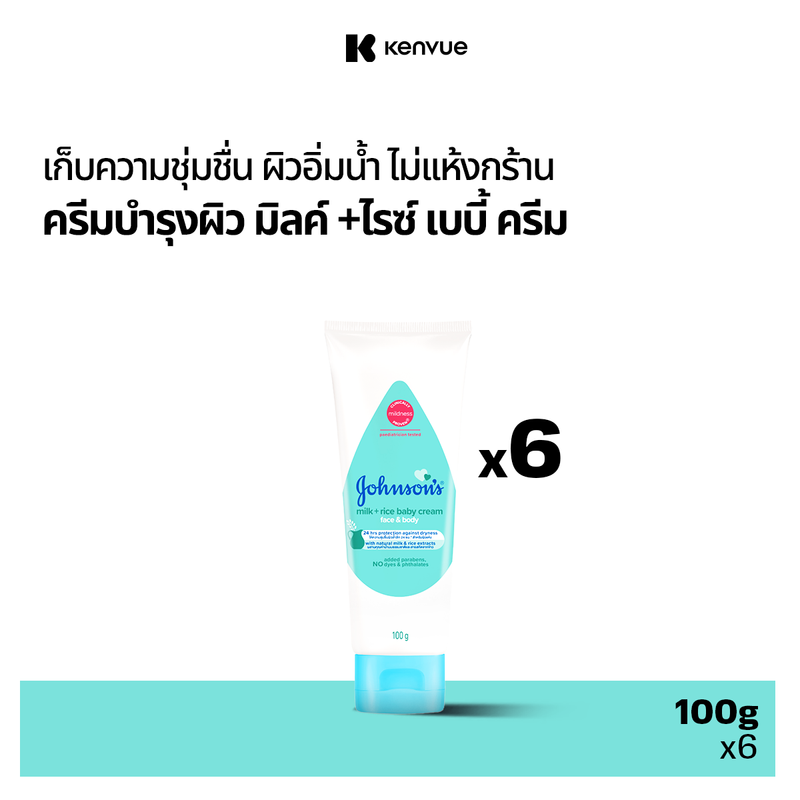 [แพ็ค 6] Johnson's Baby จอห์นสัน เบบี้ ครีมบำรุงผิว มิลค์ +ไรซ์ เบบี้ ครีม 100 ก. Johnson's Baby Milk + Rice Cream 100 g.