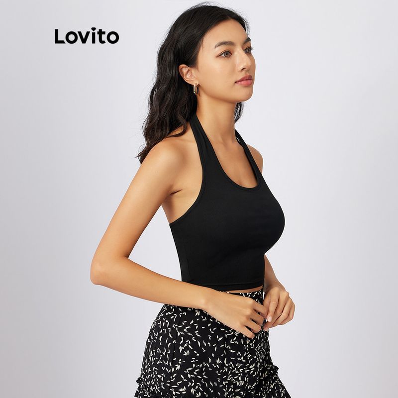 Lovito เสื้อกล้ามคร็อป แบบเชือกแขวนคอ สีเรียบ สไตล์ลำลอง L21AS054 (สีดำ)