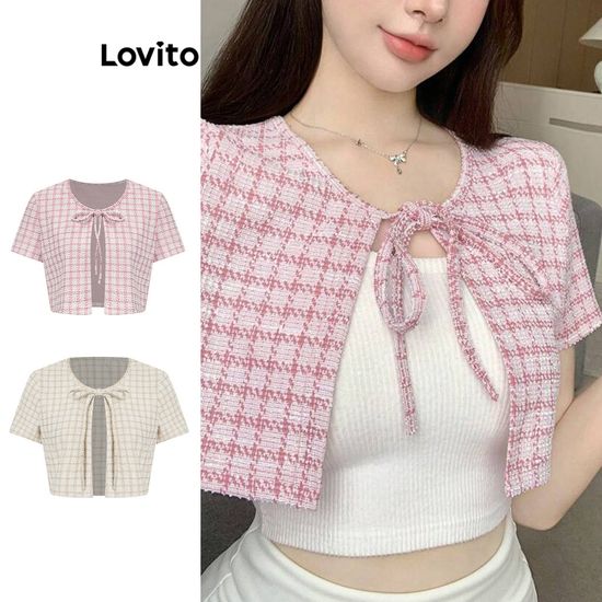 Lovito เสื้อเบลาส์ลูกไม้ลายสก็อตลำลองสำหรับผู้หญิง L90AD001(หลากสี)