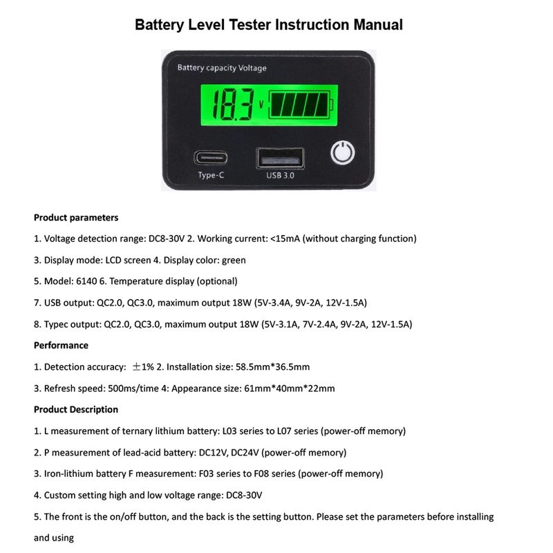 Gaqqee เครื่องวัดระดับแบตเตอรี่รถยนต์ หน้าจอ LCD DC 8-30V