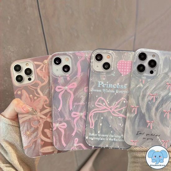 โบว์สีชมพูหวานเข้ากันได้เคสไอโฟน 11 16 15 13 12 14 Pro Max XR 16 14 15 7 8 Plus XS MAX X SE หัวใจรักน่ารัก TPU อ่อนเคส