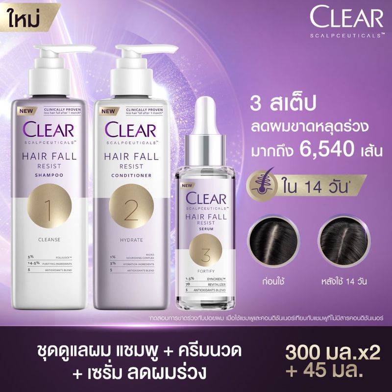 CLEAR แชมพูลดผมร่วง ลดผมบาง เพิ่มวอลลุ่ม (สูตรลดผมร่วง ผมบาง) แชมพู 300 มล. ครีมนวด 300 มล. และ เซรั่มลดผมร่วง 45 มล