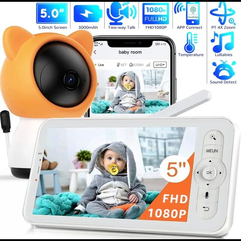 ใหม่5 "Video Baby Monitor 2.4GH WiFi 1080P กล้อง NightVision และเสียงการแจ้งเตือนความชื้นรองรับโทรศัพท์ App ควบคุม