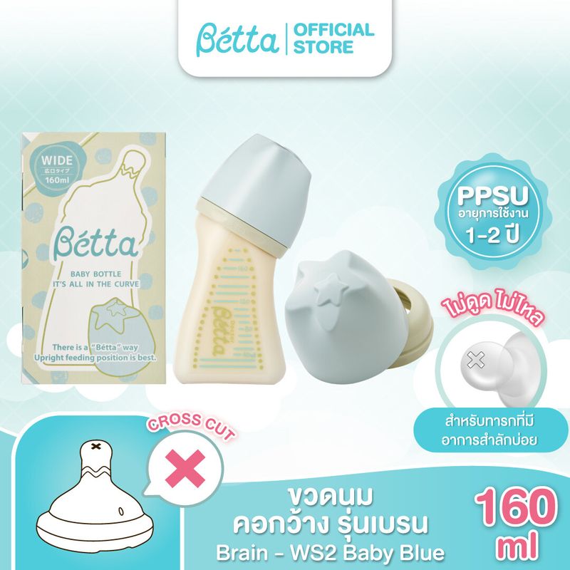 Dr.Betta Baby Bottle Brain WS2 2 Colors 160ml (PPSU) ขวดนมคอกว้าง บรรจุพร้อมจุกนม Brain Cross Cut (รูจุกกากบาท แบบไม่ดูดไม่ไหล ลดอาการสำลักน้ำนม)