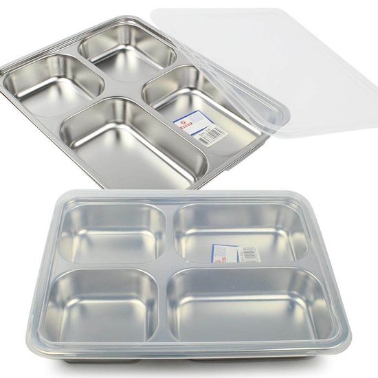 ถาดใส่อาหาร ถาดหลุม มีฝาปิด ขนาดใหญ่ รุ่น Stainless-Steel-Big-Food-tray-4holes-with-Plastic-Cover-00A-June-Beam