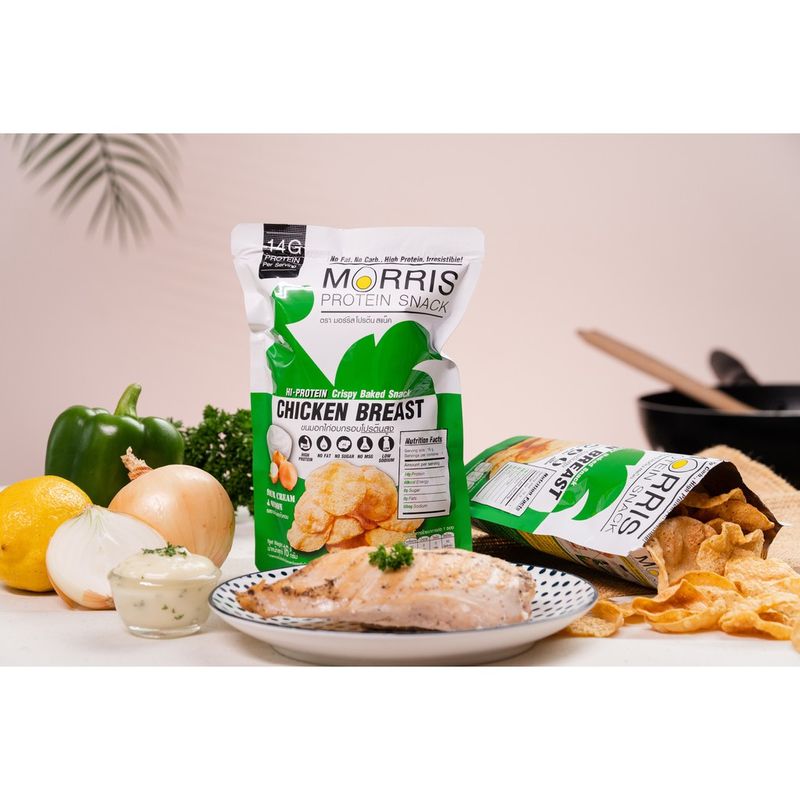 Morris Protein Snack ขนมอกไก่อบกรอบโปรตีนสูง รสซาวครีมและหัวหอม