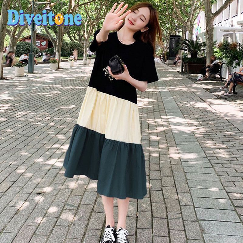 Maternity dress t-shirt dress stitching contrast color female student loose large size fashionable mid-length over-the-knee skirt summer