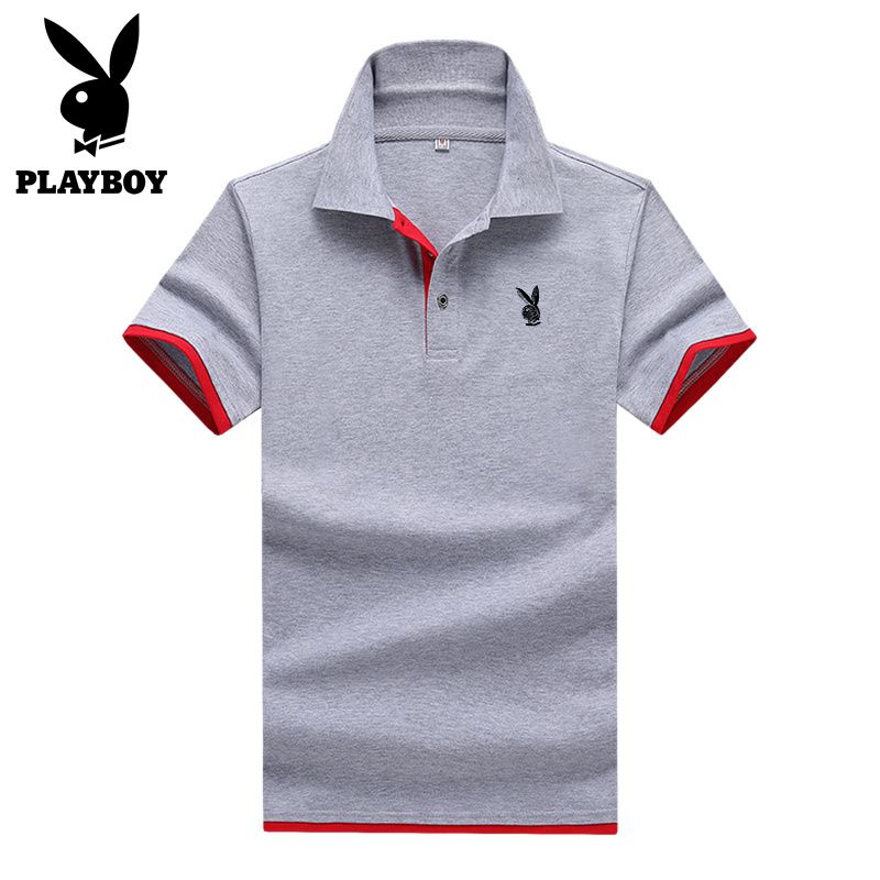 PLAYBOY เสื้อโปโลผู้ชายฤดูร้อนเวอร์ชั่นเกาหลีของปกบางแฟชั่นที่เรียบง่ายสีทึบโลโก้แขนสั้น