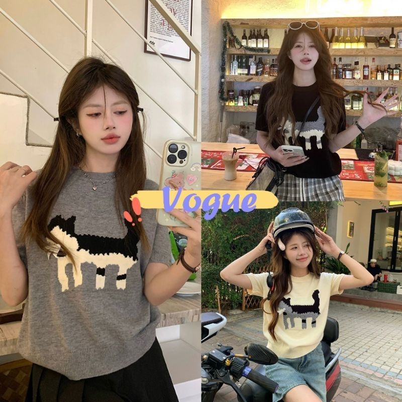 Vogue🌟พร้อมส่ง🌟 เสื้อยืดไหมพรม คอกลม แขนสั้น ลายน้องแมวน่ารัก (Q08)