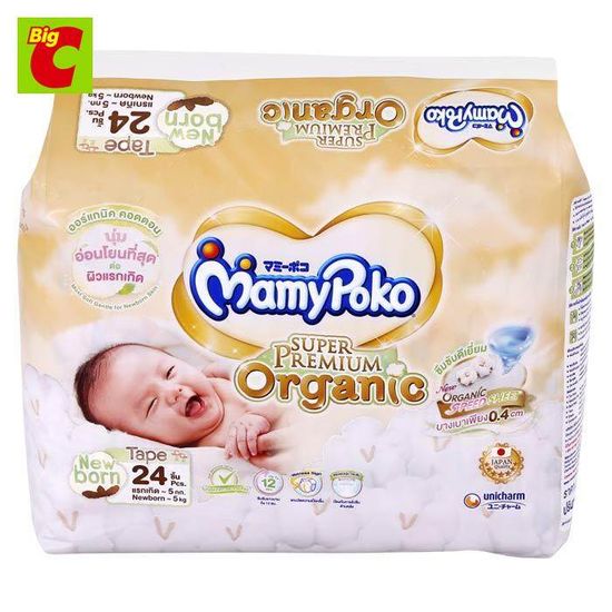 MamyPoko (Tape) Super Premium Organic มามี่โพโค ซุปเปอร์ พรีเมี่ยม ออร์แกนิค ผ้าอ้อมแบบเทป ขนาด NB จำนวน 24 ชิ้น by Big C