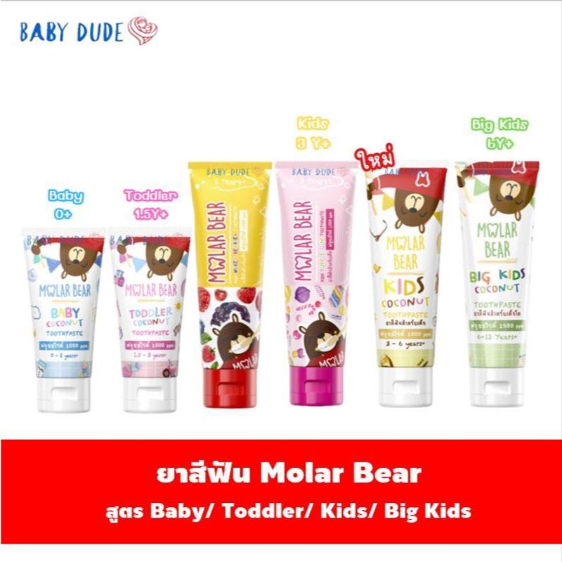 (ถูกสุดในแอพ) ยาสีฟันเด็ก / แปรงสีฟันเด็ก Molar Bear โมล่าร์แบร์ 25 g / 50 g แบบเจล สูตรไม่มีน้ำตาล ฟลูออไรด์ 1000 ppm