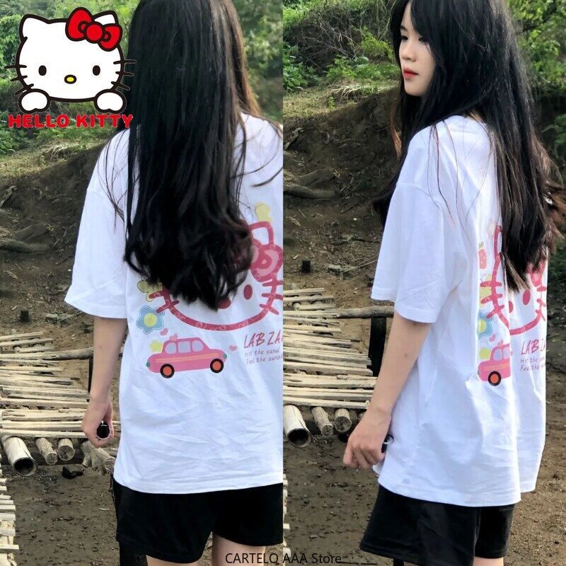 👕💥 Summer Hello Kitty Casual Short Sleeved T Shirt For Women Loose Korean Fashion Y2k Top Sanrio Clothes Streetwear Oversized Girls