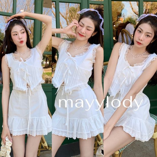 🎀mayylody🎀 (ขายแยกชิ้น) เสื้อ + กระโปรง แต่งขอบลูกไม้ฟูฟู สไตล์เวียดนามสุดฮิต งานสวยน่ารักสุดๆๆ เสื้อกล้าม