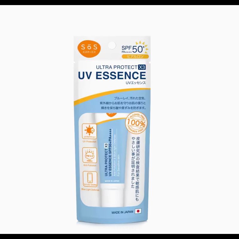 SOS เอะสึ โอ เอะสึ ครีมกันแดดUltra Protect X3 UV Essence SPF50+/PA++++ 30 ml  ไฮยาลูรอน บางเบา ไม่เหนอะหนะ ป้องกัน UVA/UVB แสงสีฟ้า มลภาวะ สำหรับผิวบอบบ