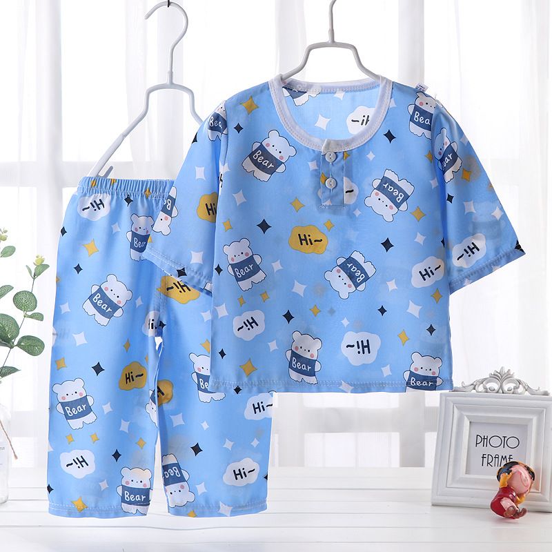 Summer childrens cotton suit boys and girls thin cotton thick pajamas 7/4 sleeve short sleeve suit air conditioning suit home clothes