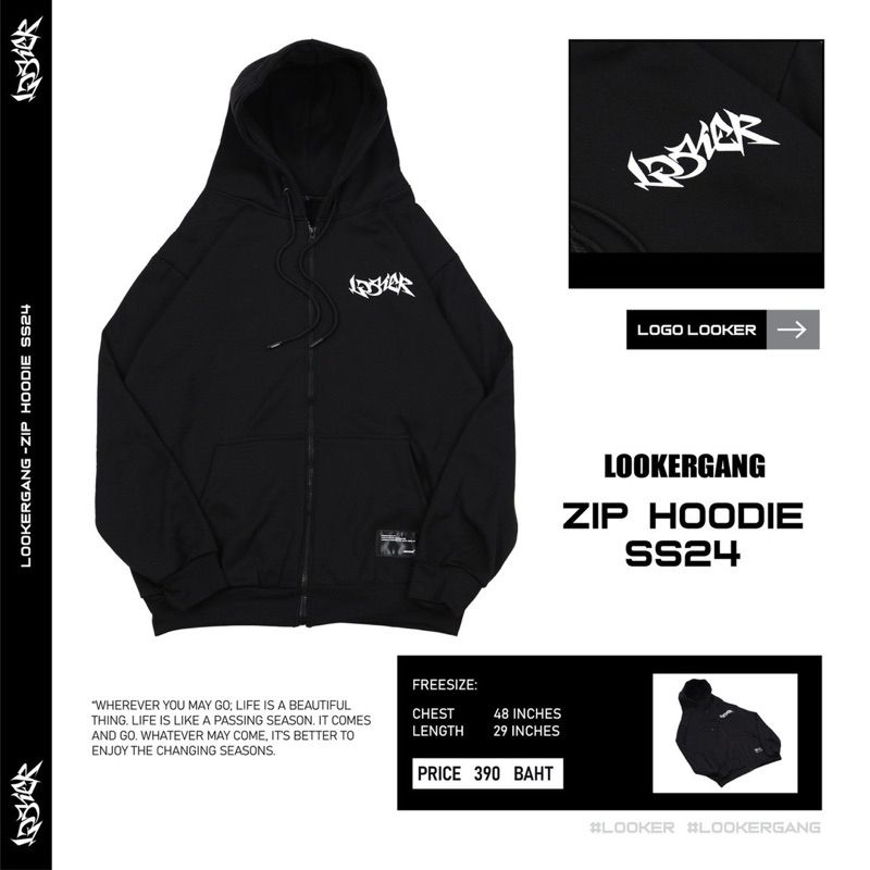 Looker Gang:Zip Hoodie ฮู้ดซิปสีดำ,01