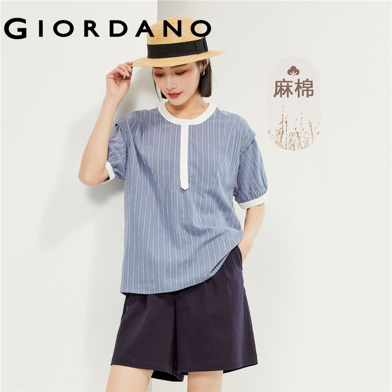 GIORDANO ผู้หญิง เสื้อเชิ้ต เสื้อเชิ้ตคอกลมแขนสั้นผ้าฝ้ายลินินตัดกัน เสื้อเชิ้ตแฟชั่นลำลองแขนสั้นลายทางน้ำหนักเบา Free Shipping 13344204