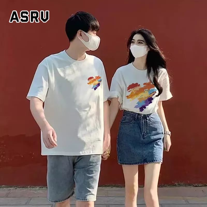 ASRV เสื้อยืดคอกลม 2023 ใหม่ ins เทรนด์เสื้อยืดคู่ผ้าฝ้ายแท้คอกลมแขนสั้นหลวมและอเนกประสงค์