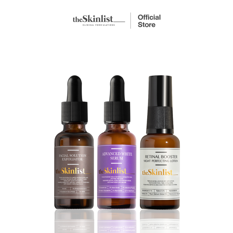 SET ฝ้า จุดด่างดำ ริ้วรอย The Skinlist Advanced White Serum + Facial Solution Exfoliator + Retinal Booster Night Perfecting Lotion