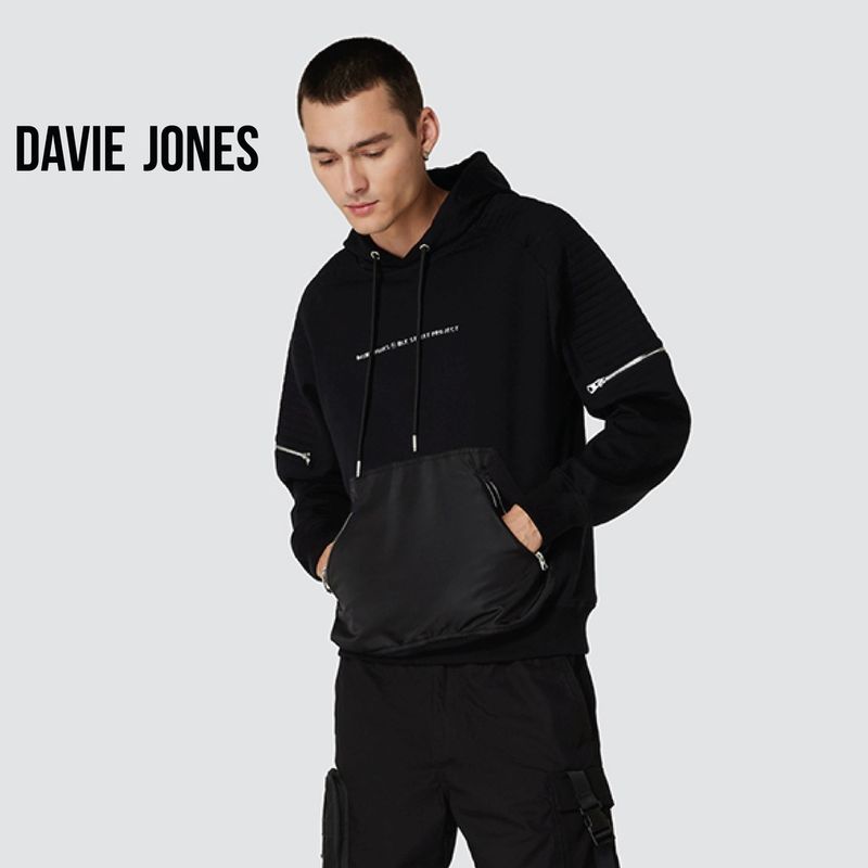 DAVIE JONES เสื้อฮู้ดดี้ Pullover Relaxed Fit Hoodie PU0009 สีดำ