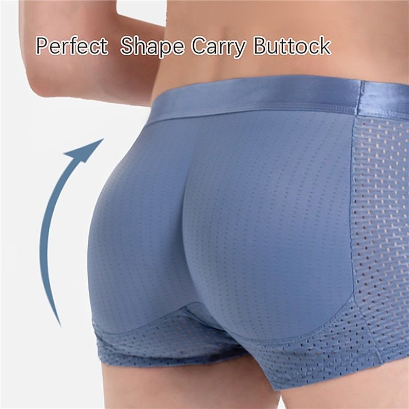 Mens Latex Shapewear Sponge Pad Boxer Shorts Shapewear Butt Lift Shaping Panties