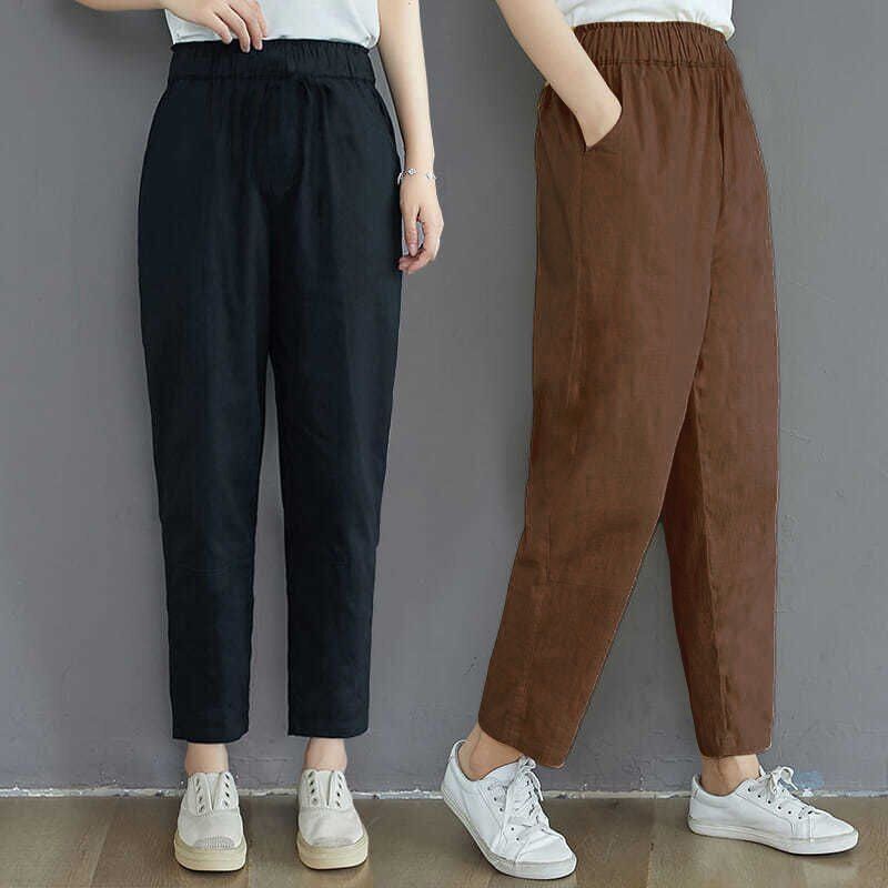 【มีไซส์ใหญ่】Plus Size S-2XL Womens Elastic Waist Casual Spring Summer Pants Solid Color Slim Cotton&Linen Trousers