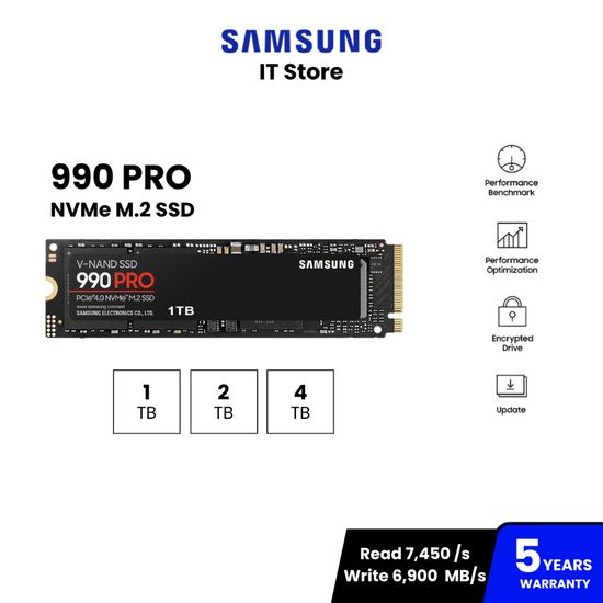 SAMSUNG 990 PRO SSD M.2 7,450 / 6,900 MB/s ความจุ 1TB/ 2TB/ 4TB : 5Y (990 PRO / MZ-V9P)