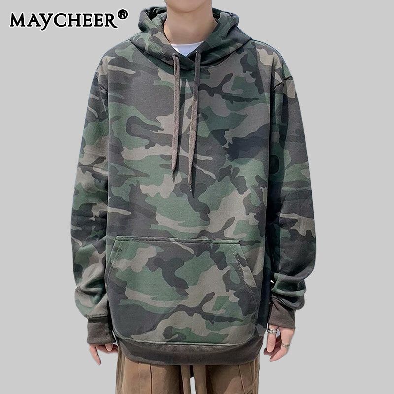 MAYCHEER เสื้อฮู้ดชาย ผู้ชายเวอร์ชั่นเกาหลีของหลวมสบายๆพรางคลุมด้วยผ้าเยาวชนเสื้อกันหนาวที่นิยมย้อนยุคเครื่องมือพรางผู้ชายรุ่นของแนวโน้มหลวม เสื้อฮู้ด