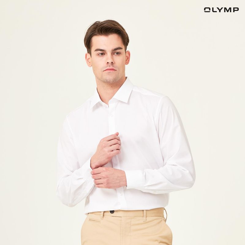 OLYMP Level Five Shirt เสื้อเชิ้ตชาย สีขาว ผ้าเรียบ ทรงพอดีตัว ยืดหยุ่นได้ดี รีดง่าย