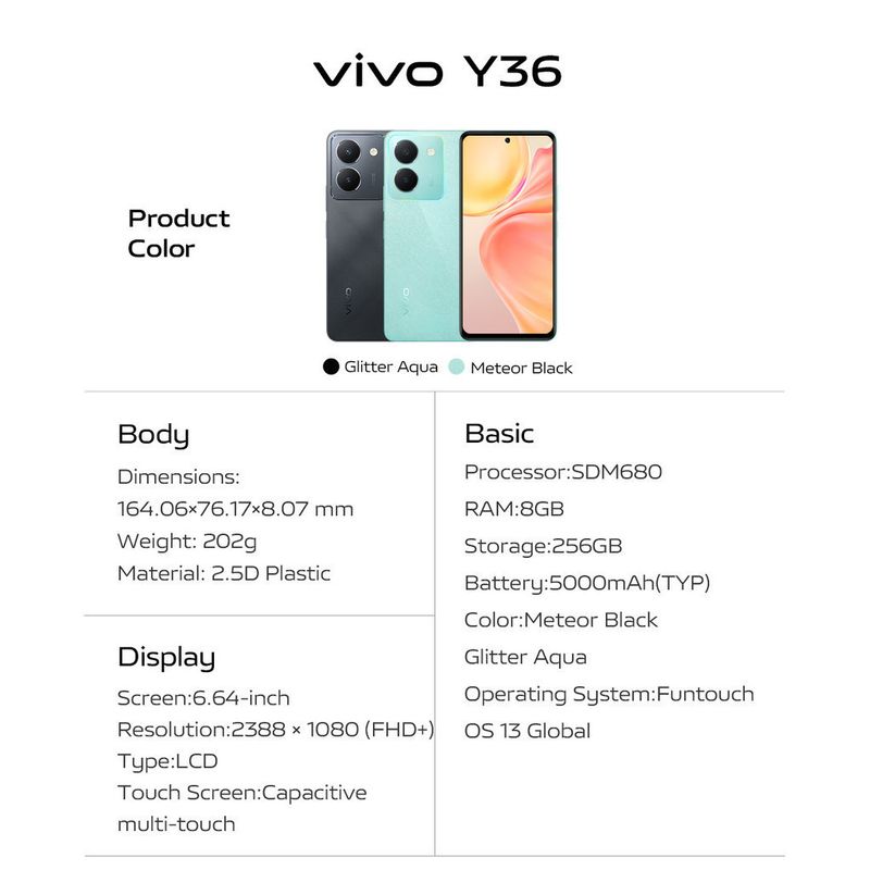 VIVO Y36 cellphone 256GB Big Storage mobiles 44W fast charge โทรศัพท์มือถือ snapdragon chip สมาร์ทโฟน โทรศัพท์ Android