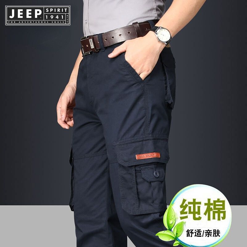 JEEP SPIRIT 1941 ESTD overalls ผู้ชายหลวมตรงฤดูใบไม้ผลิและฤดูร้อนบางส่วนขนาดใหญ่กลางแจ้ง multi-pocket กางเกงลำลอง