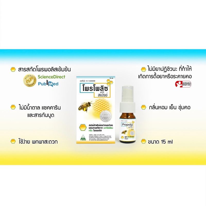 Propoliz Mouth Spray 15 ml โพรโพลิซ เมาท์ สเปรย์ 15มล. ผสานสารสกัดสแตนดาร์ดไดซ์โพรโพลิส สเปรย์สำหรับช่องปาก และลำคอ