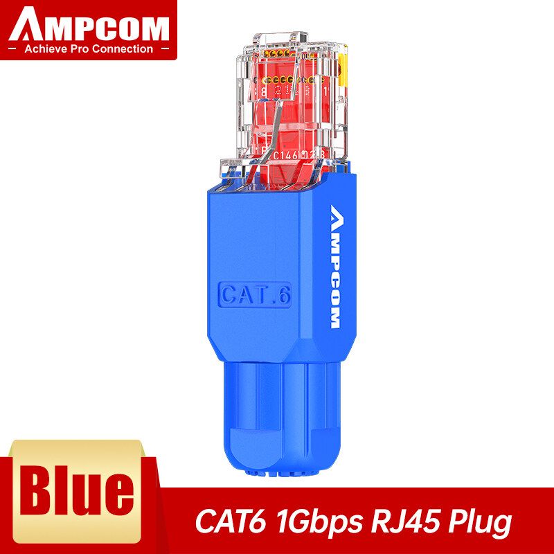 AMPCOM Tool ตัวเชื่อมต่อ RJ45ฟรี,ไม่มีเครื่องมือจีบน้อย UTP 1000Mbps CAT6A CAT6 CAT5E ปลั๊กแบบโมดูลาร์สำหรับ Stranded Lan สายเคเบิลอีเทอร์เน็ต