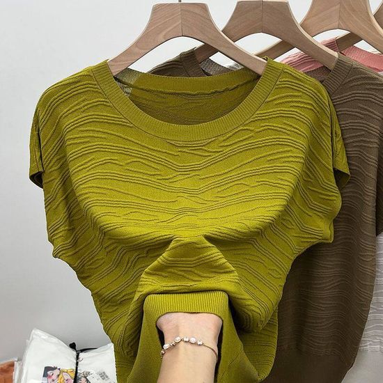 Round Neck Knitted Sweater T-shirt for Women Summer Ice Silk Short Sleeve T-shirt