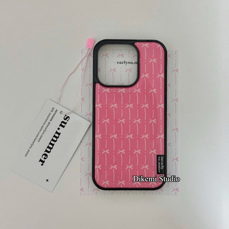 เคสป้องกันโทรศัพท์มือถือ แบบนิ่ม ประดับโบว์ สีชมพู กรอบสีดํา สําหรับ iphone 15pro 13pro 14promax 13promax 12 11 xsmax xr