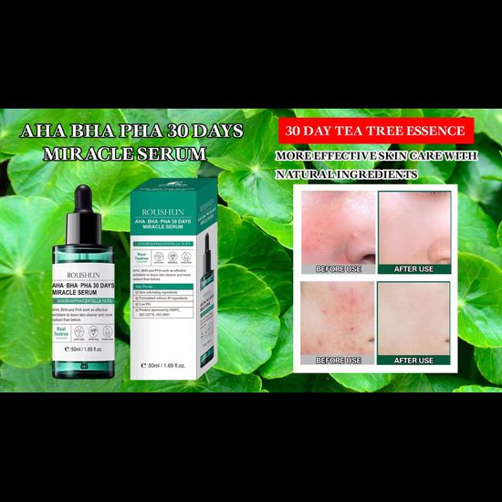 B482 เซรั่มสิว AHA-BHA-PHA 30DAYS MIRACLE ACNE CLEAR SERUM 50 ml. ROUSHUN   ด้วยส่วนผสมจาก สารสกัดทีทรี สามารถใช้ได้ทุกสภาพผิว