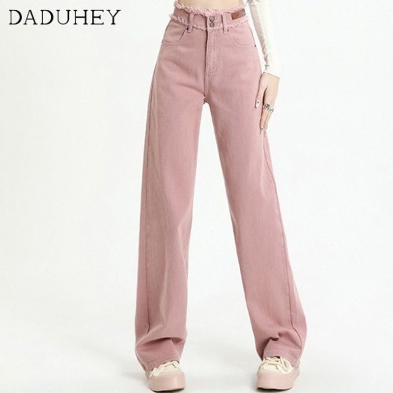 DaDuHey🎈 2023 New Korean Version of Ulzzang Dirty Pink Jeans Niche High Waist Wide Leg Pants Large Size Trousers