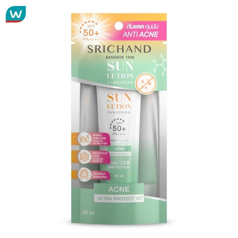 Srichand ศรีจันทร์ ครีมกันแดด ซันลูชั่น แอคเน่ แคร์ ซันสกรีน SPF50+ PA++++ 40มล.