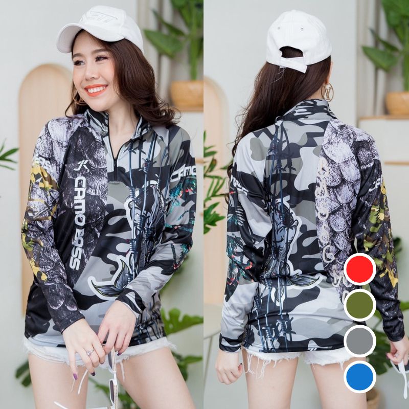 เสื้อตกปลาแขนยาว JK Thailand กันยูวี ลาย CAMO BASS ป้องกันรังสี UV 80% แห้งเร็ว